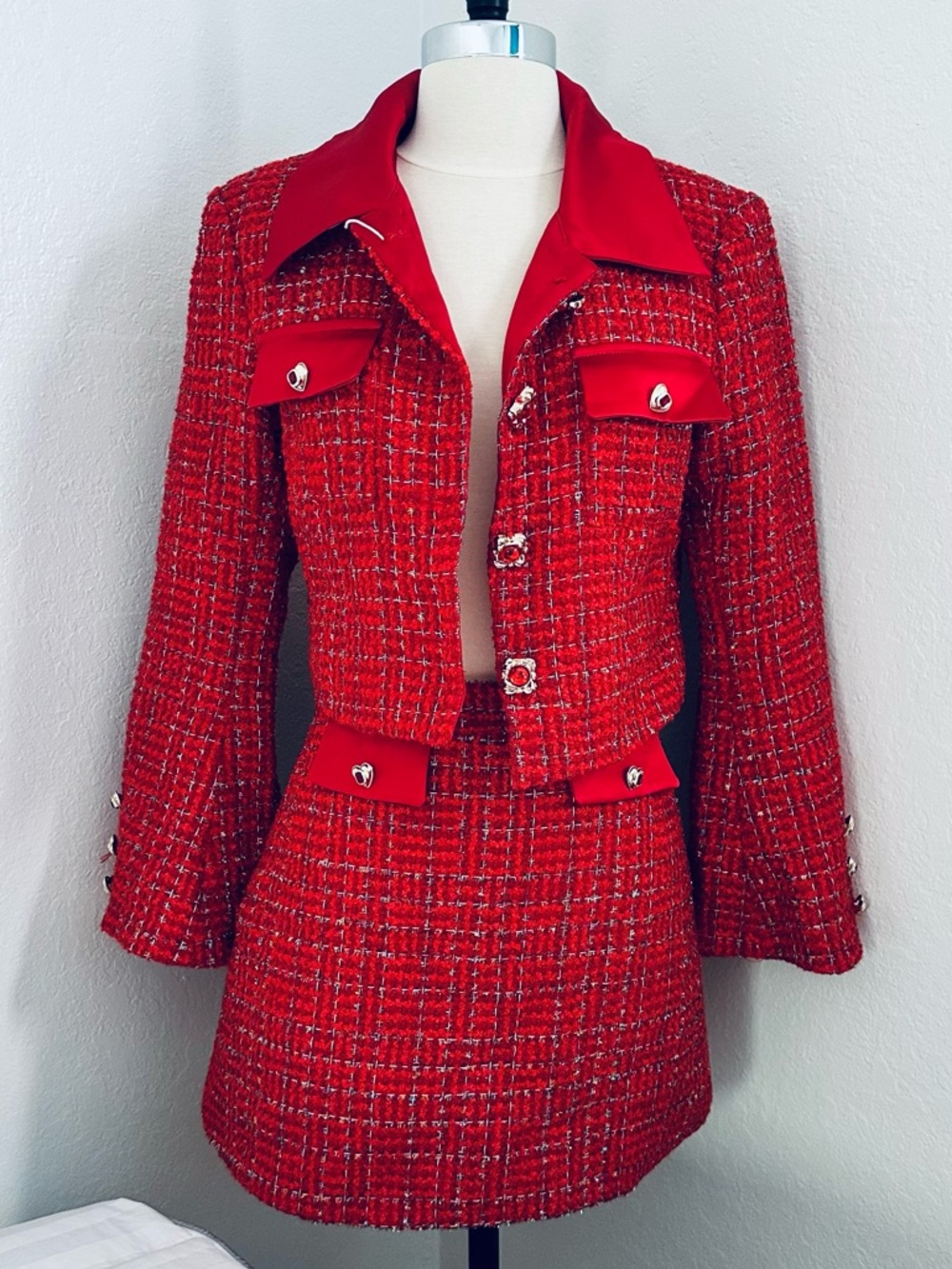 Red Tweed Jacket - Classic Women's Coat & Skirt
